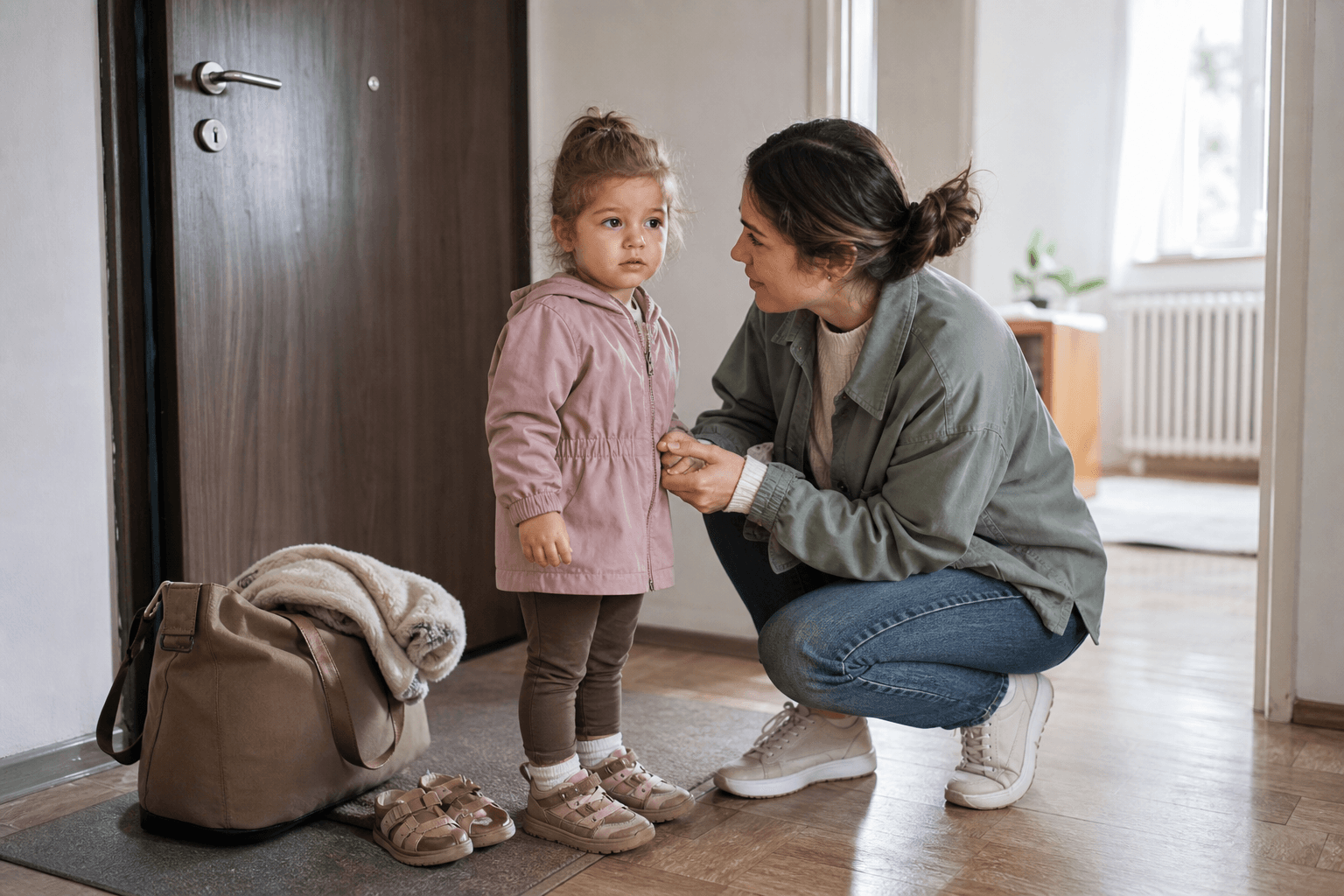 Toddler near the door with a parent at drop-off, natural light, editorial lifestyle photo