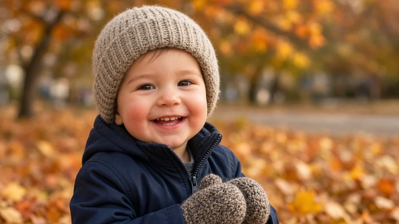 Copil mic zambind afara intr-o zi racoroasa de toamna, purtand caciula calduroasa care ii acopera urechile si manusi cu un deget, cu frunze colorate in fundal.