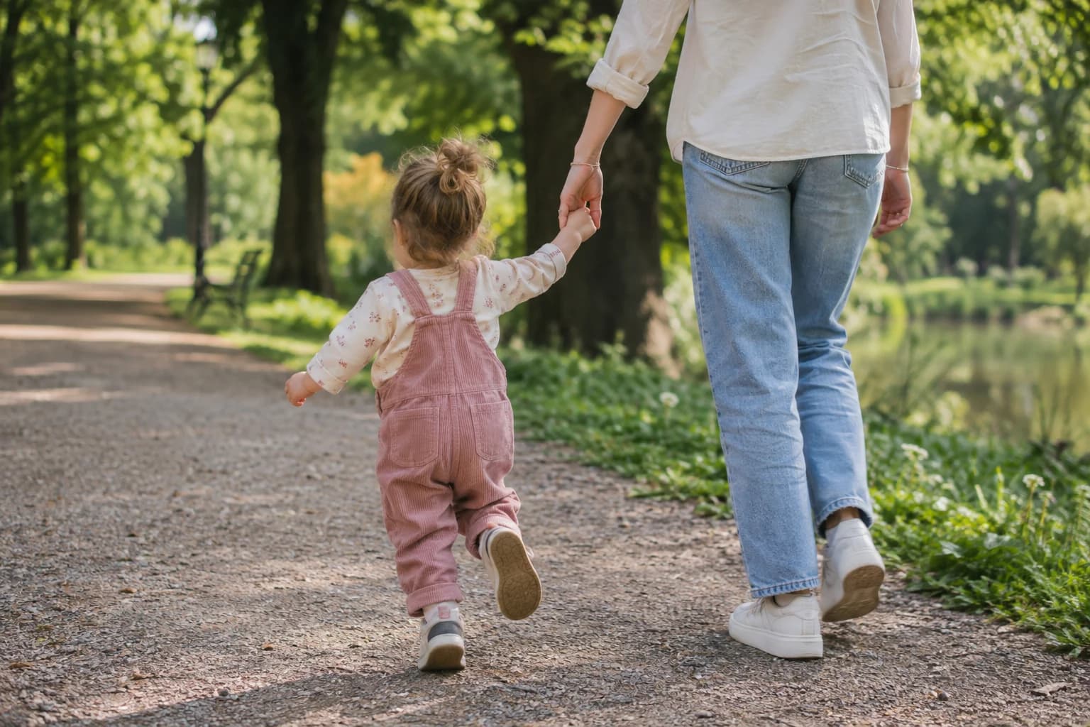 Părinte care ține de mână un copil mic pe aleea unui parc, departe de carosabil