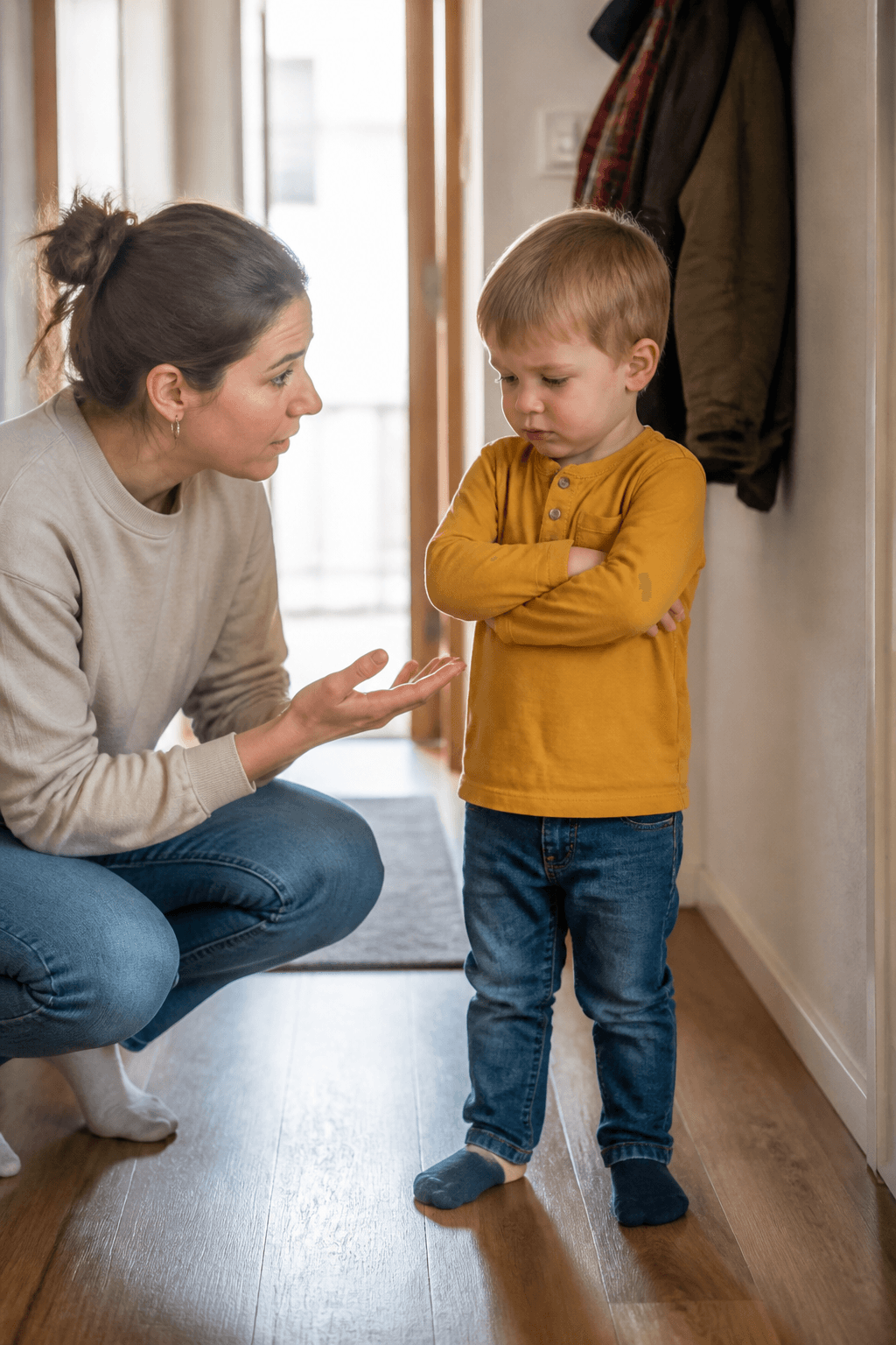 Parinte si copil mic intr-un hol de apartament, inainte de o cerere simpla, intr-o scena calma si realista