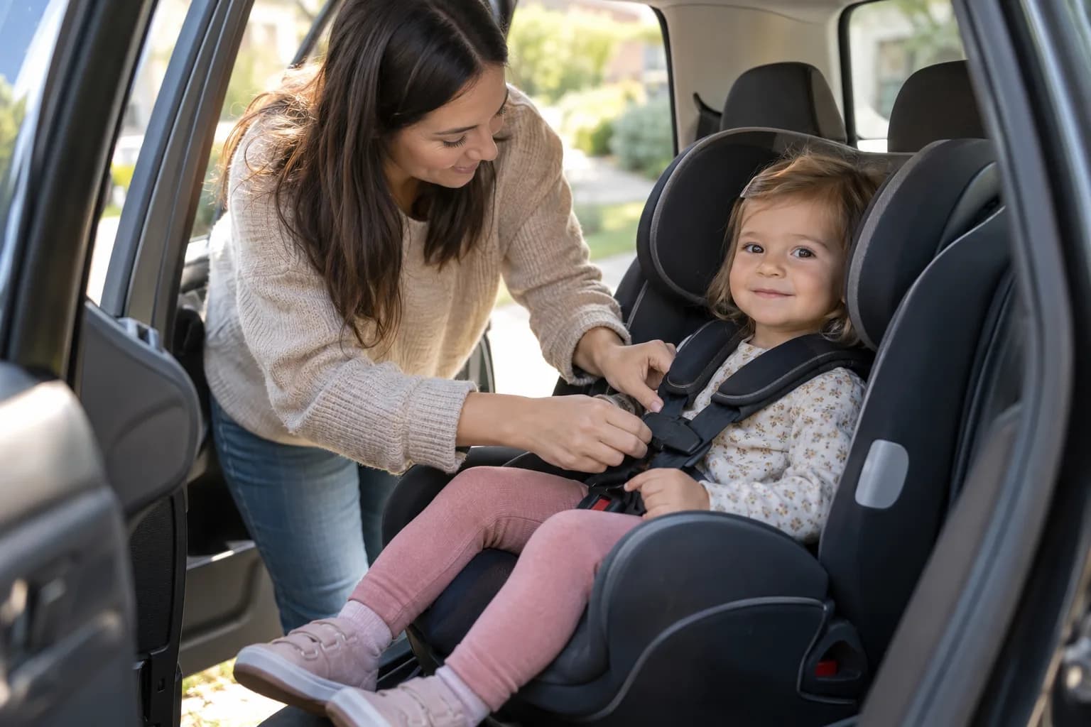 Părinte care fixează calm centurile unui copil mic într-un scaun auto montat corect, fără text sau logo