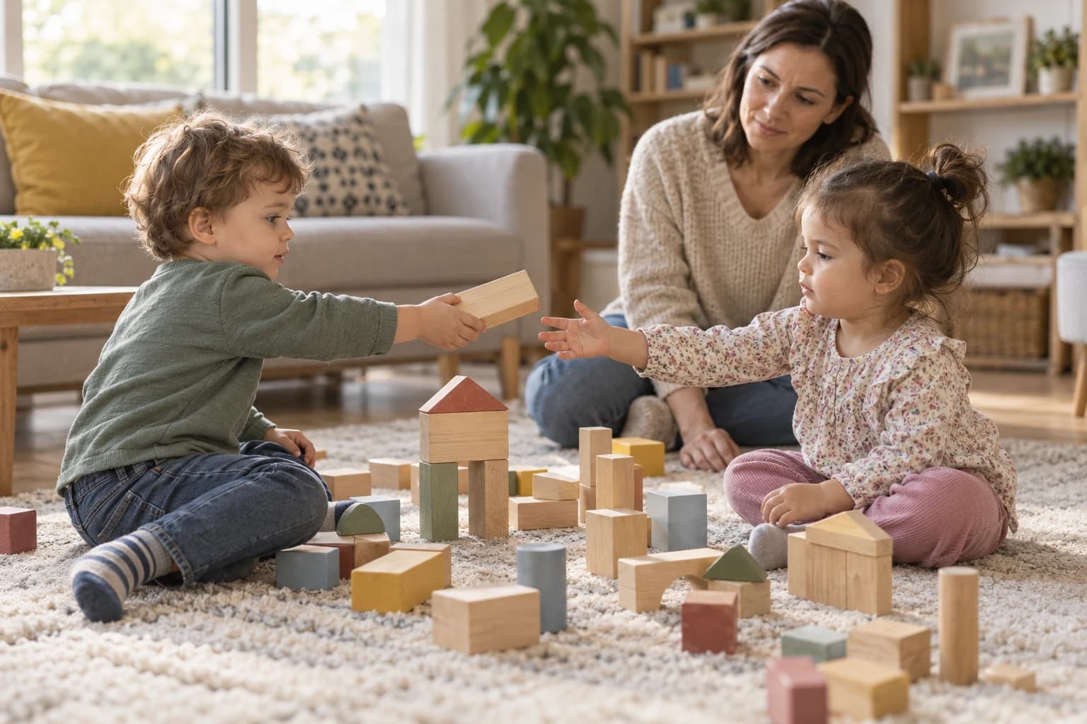Doi copii mici așezați pe covor, construind pe rând cu piese mari, supravegheați calm de un adult, fără text sau logo