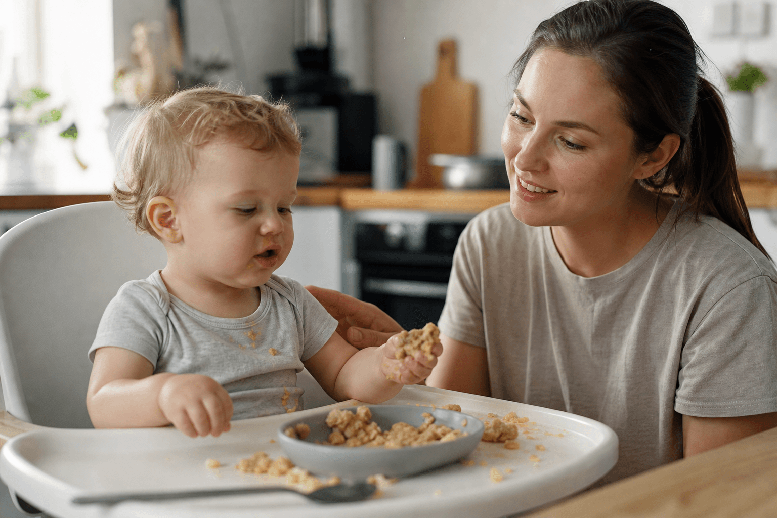 Toddler care mananca singur la masa, cu un parinte zambind alaturi intr-o bucatarie luminoasa, imagine editoriala realista