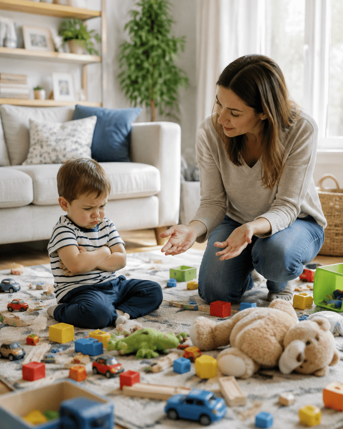Imagine fotorealista, fara text, cu un toddler asezat pe covor printre jucarii si un parinte care il incurajeaza sa le puna intr-o cutie