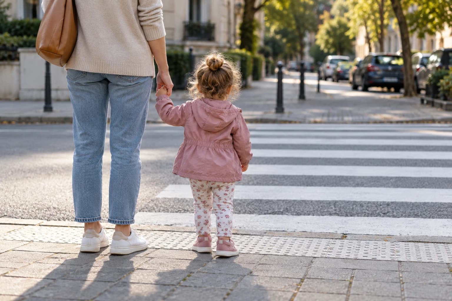 Adult ținând blând de mână un copil mic pe trotuar, înaintea unei treceri de pietoni.