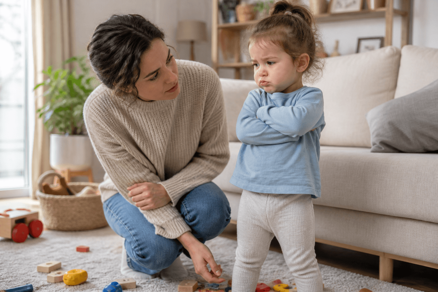 Parent calmly kneeling beside a stubborn toddler in a bright living room, realistic editorial lifestyle photo