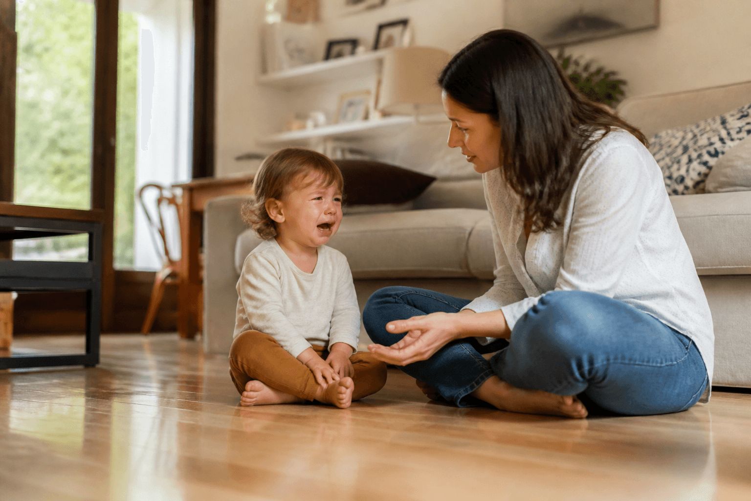Imagine fotorealista, fara text, cu un copil mic intr-un moment de frustrare langa parinte