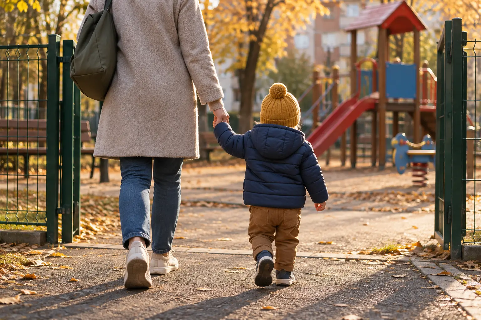 Părinte și copil mic părăsind împreună un parc, ținându-se de mână.