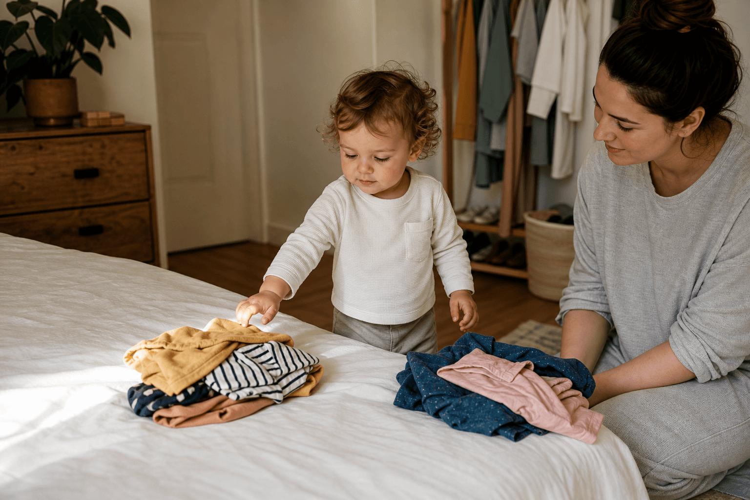Imagine fotorealista, fara text, cu un toddler care alege intre doua seturi de haine pe pat, in timp ce parintele asteapta calm