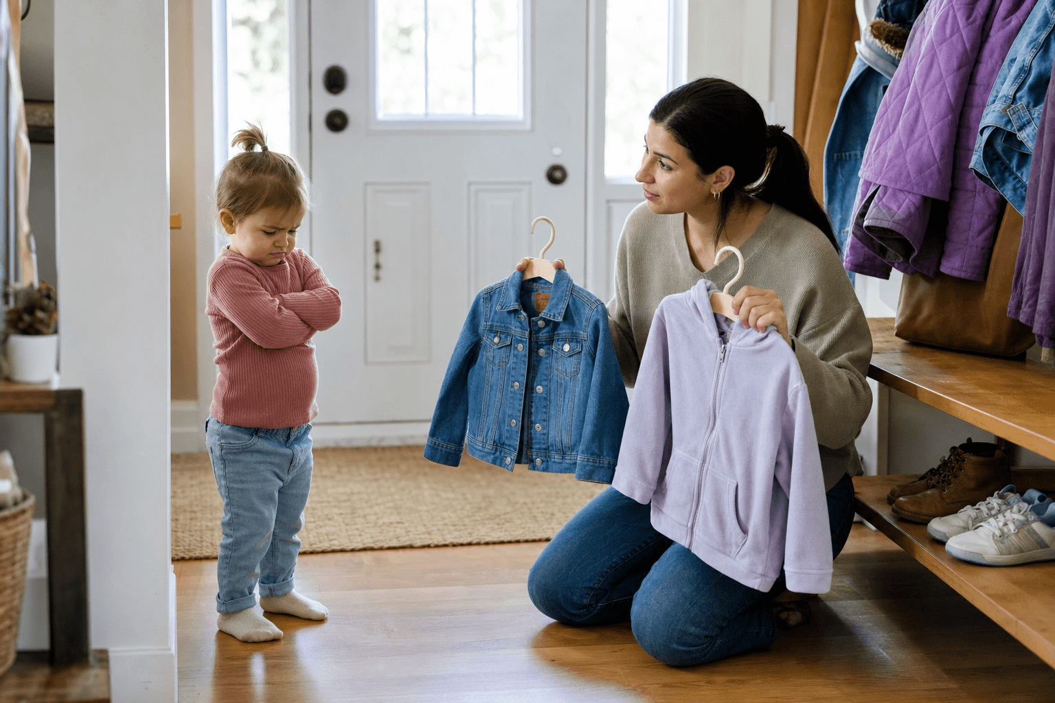 Imagine fotorealista, fara text, cu un toddler suparat pe trotuar si un parinte care ramane calm si se apleaca la nivelul lui