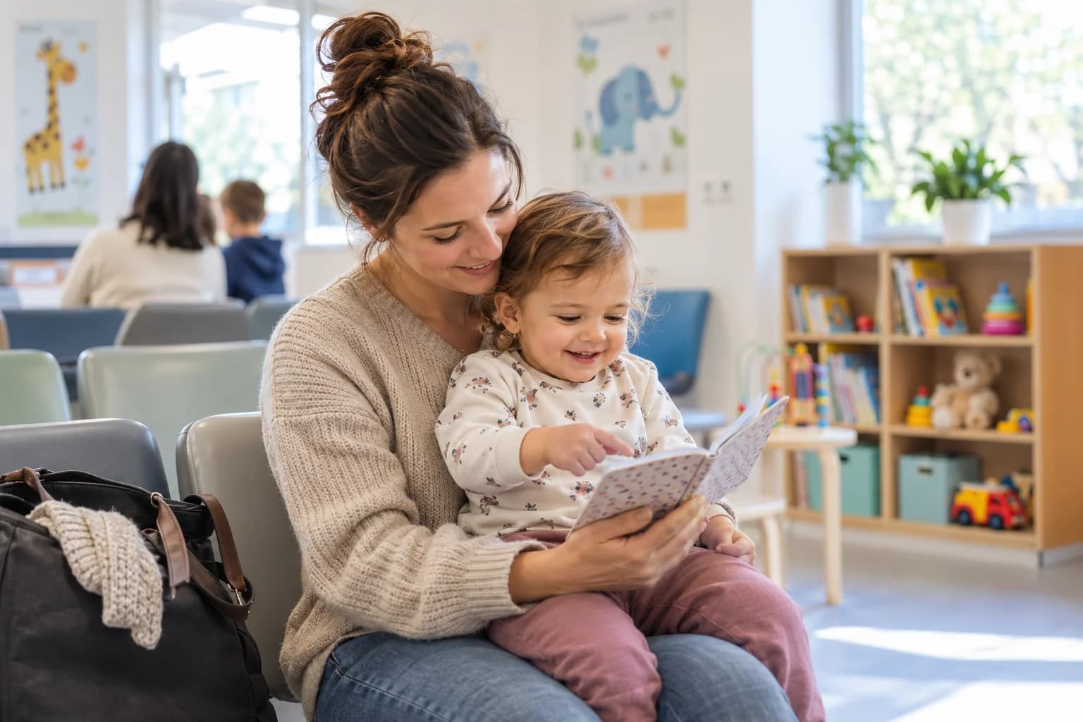 Mamă și toddler într-o sală de așteptare pediatrică, răsfoind un carnet de programări.